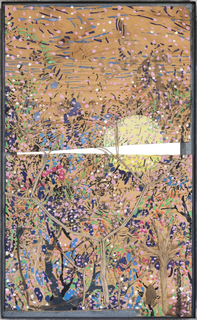 Erinnerung an Japan
59 x 35 cm
Öl Stifte Fundstücke auf Holz
2012